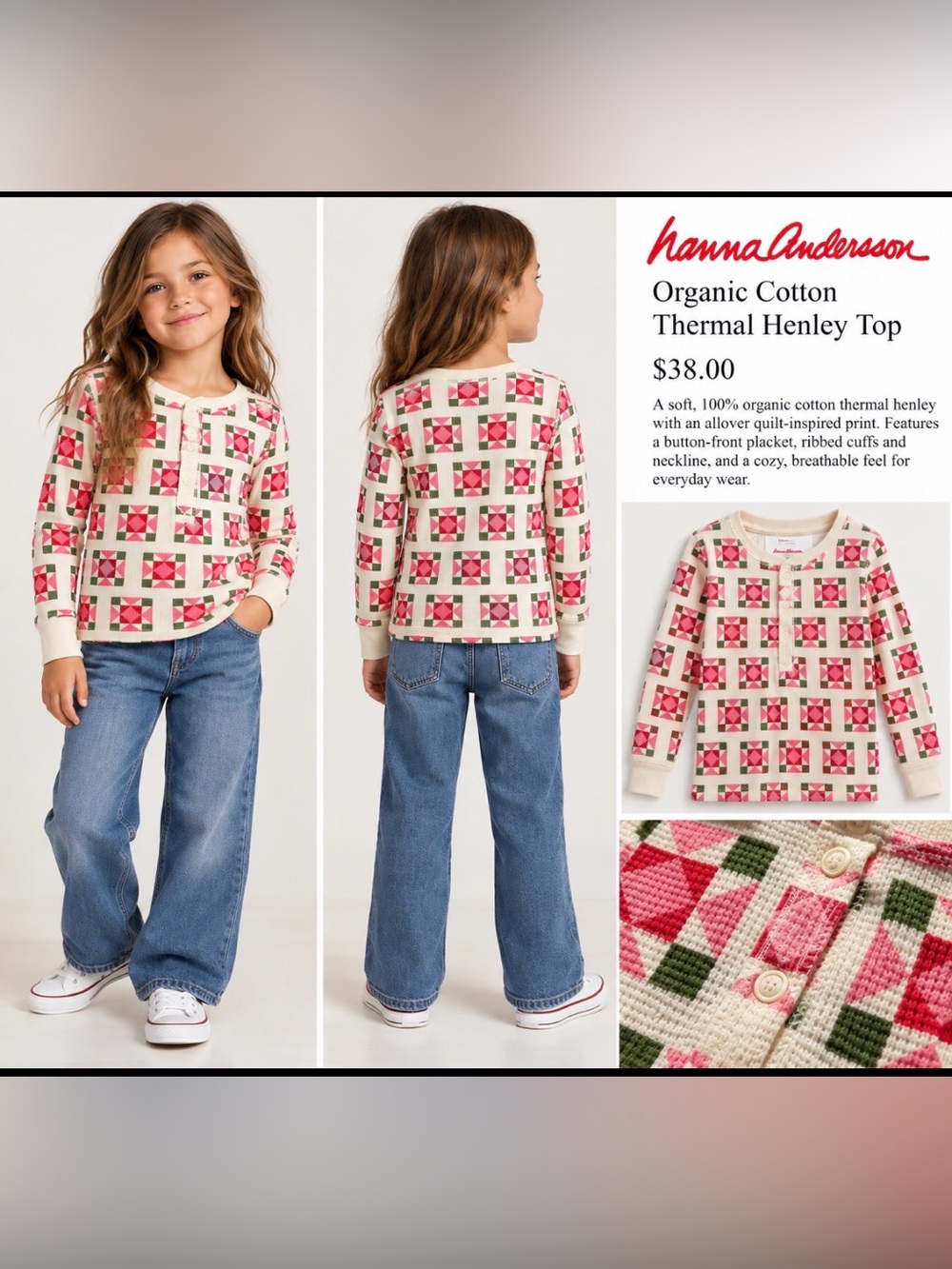 Hanna Andersson Kids’ Cream Thermal Henley with Printed Pattern, Size 8